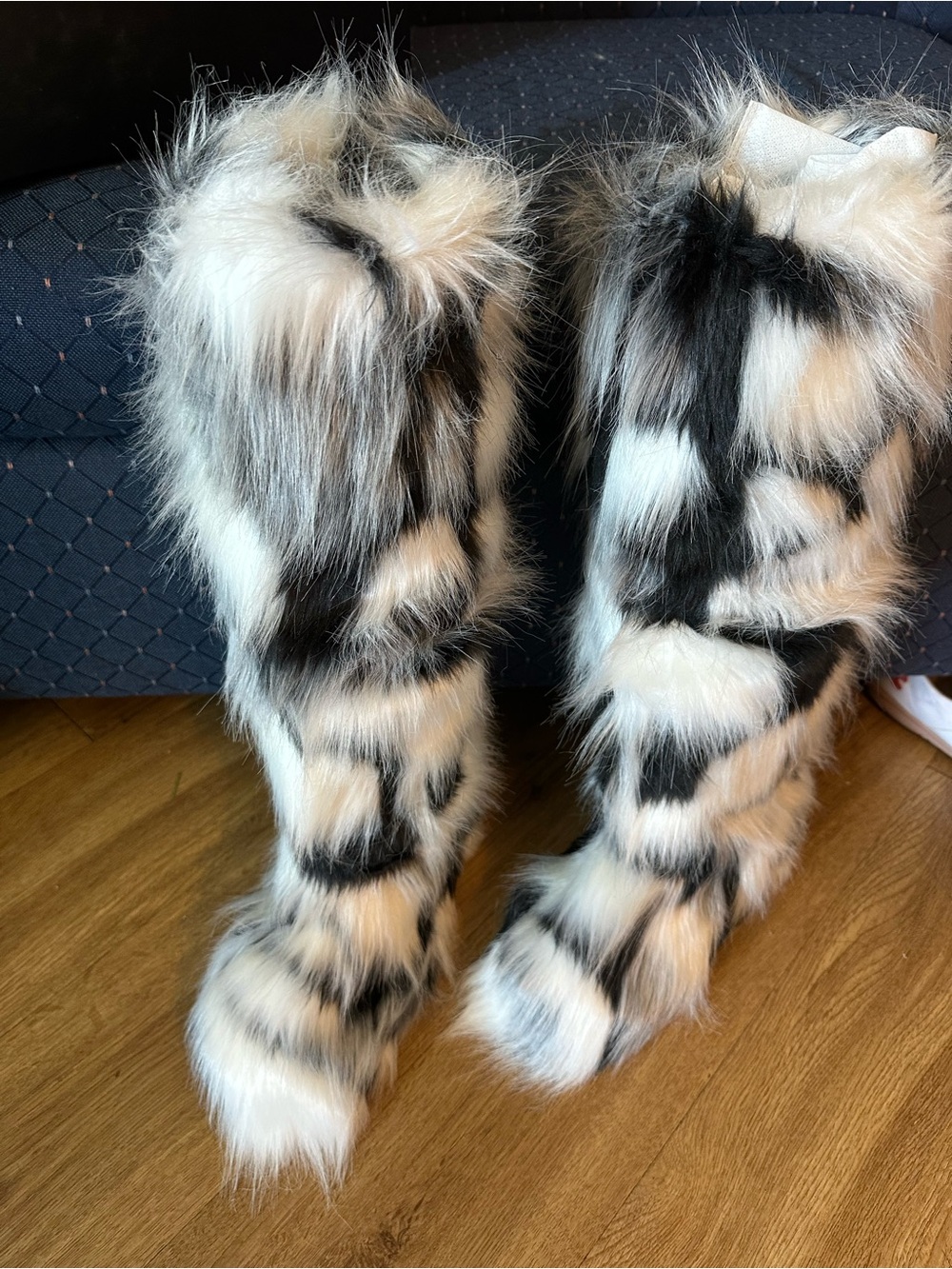Faux Fur Knee-High Boots in Black and White - Women's Fashion Boots